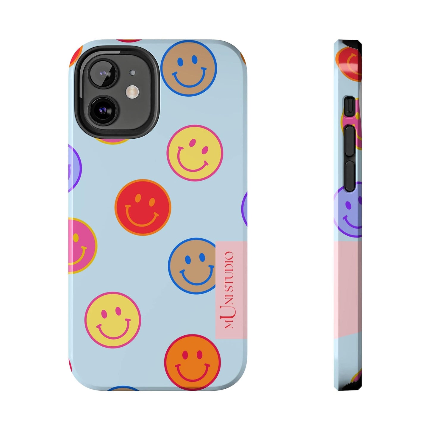 Muni Studio Phone Case iPhone 12 Mini HORIZON BLUE SMILEY, Tough Phone Case