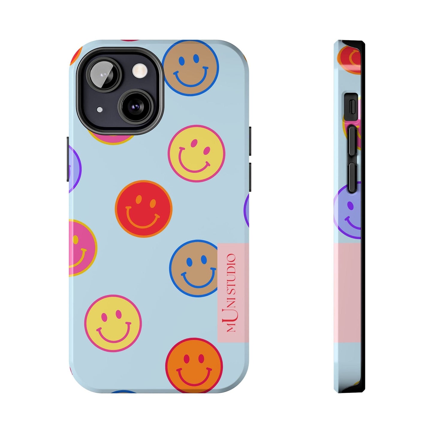 Muni Studio Phone Case iPhone 13 Mini HORIZON BLUE SMILEY, Tough Phone Case