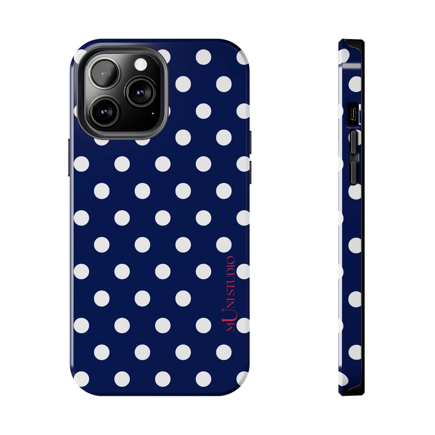 Muni Studio Phone Case iPhone 13 Pro Max NAVY POLKA, Tough Phone Case