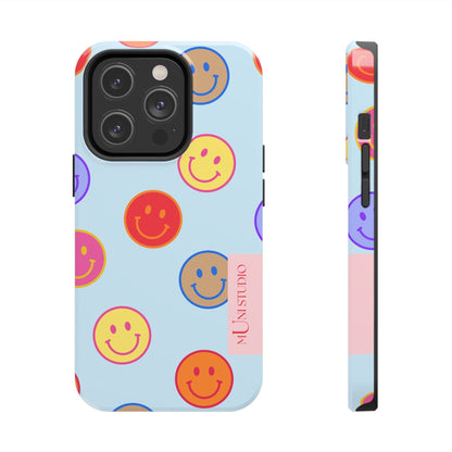 Muni Studio Phone Case iPhone 14 Pro HORIZON BLUE SMILEY, Tough Phone Case