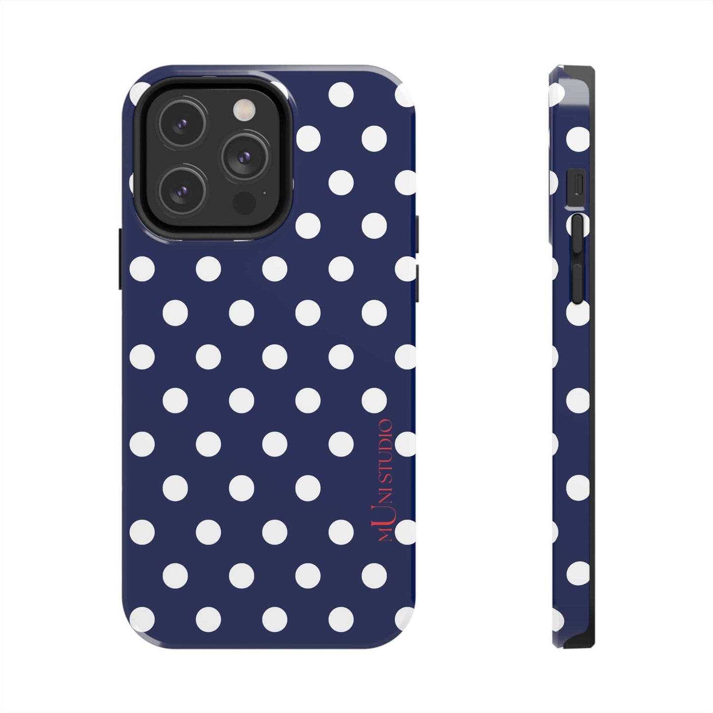 Muni Studio Phone Case iPhone 14 Pro Max NAVY POLKA, Tough Phone Case