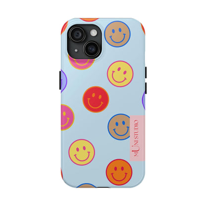 Muni Studio Phone Case iPhone 15 HORIZON BLUE SMILEY, Tough Phone Case