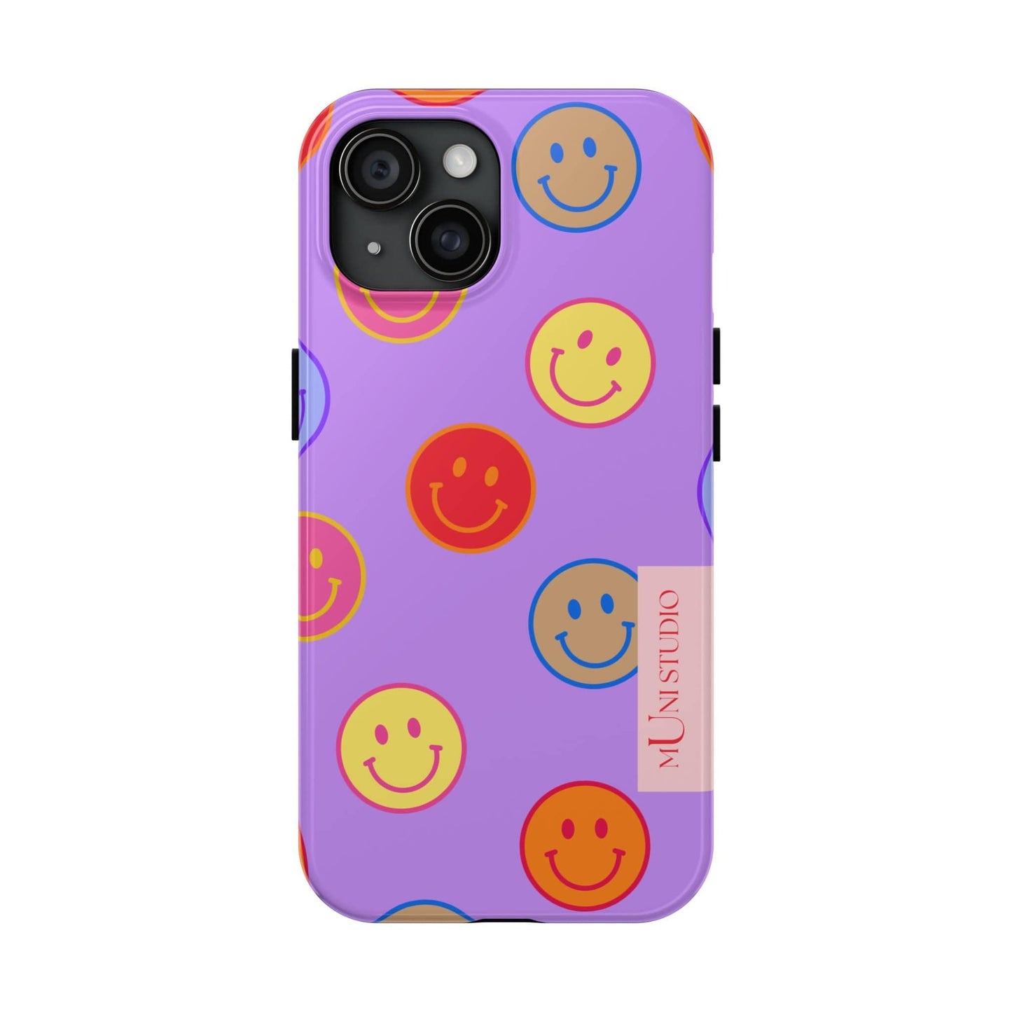 Muni Studio Phone Case iPhone 15 LAVENDER SMILEY, Tough Phone Case