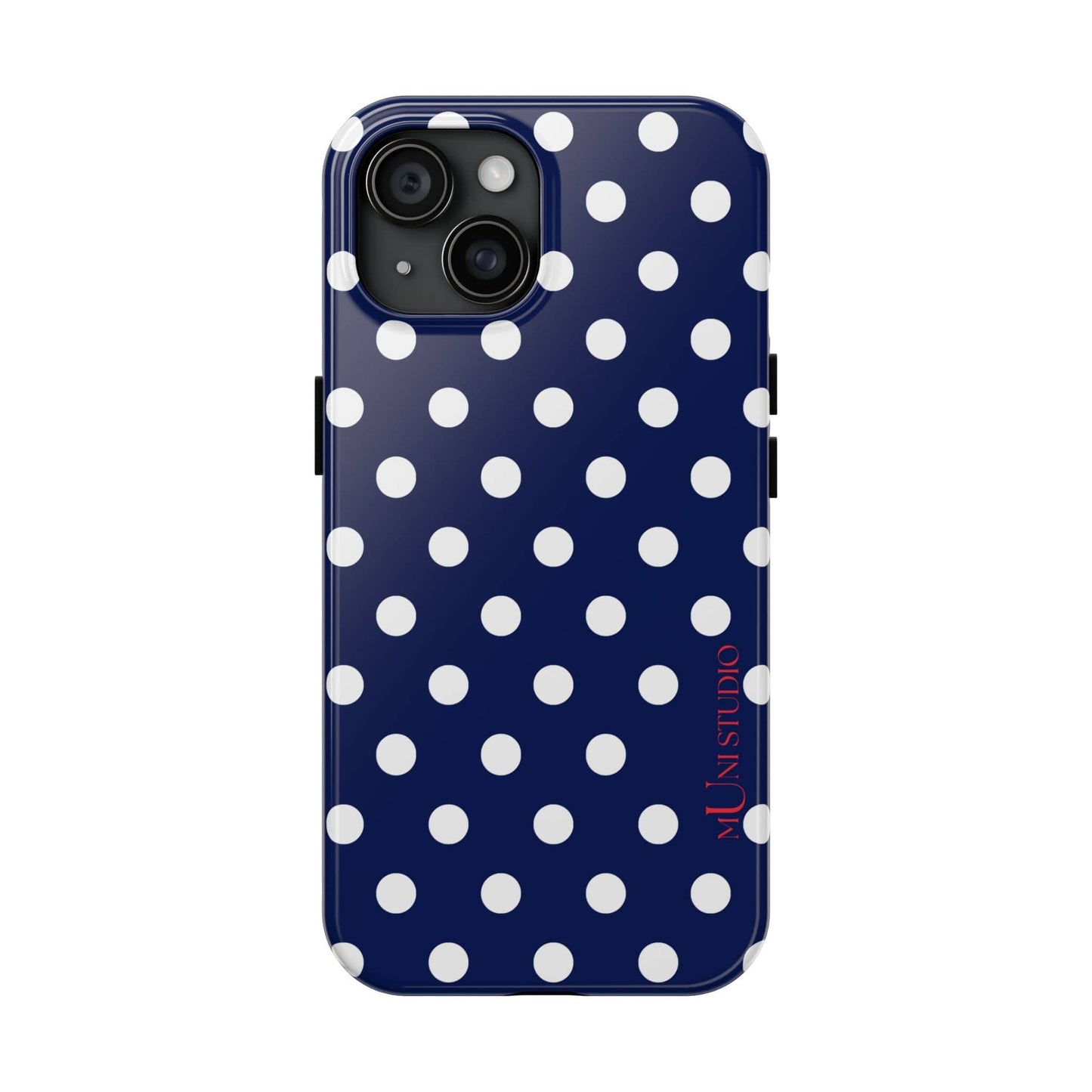 Muni Studio Phone Case iPhone 15 NAVY POLKA, Tough Phone Case