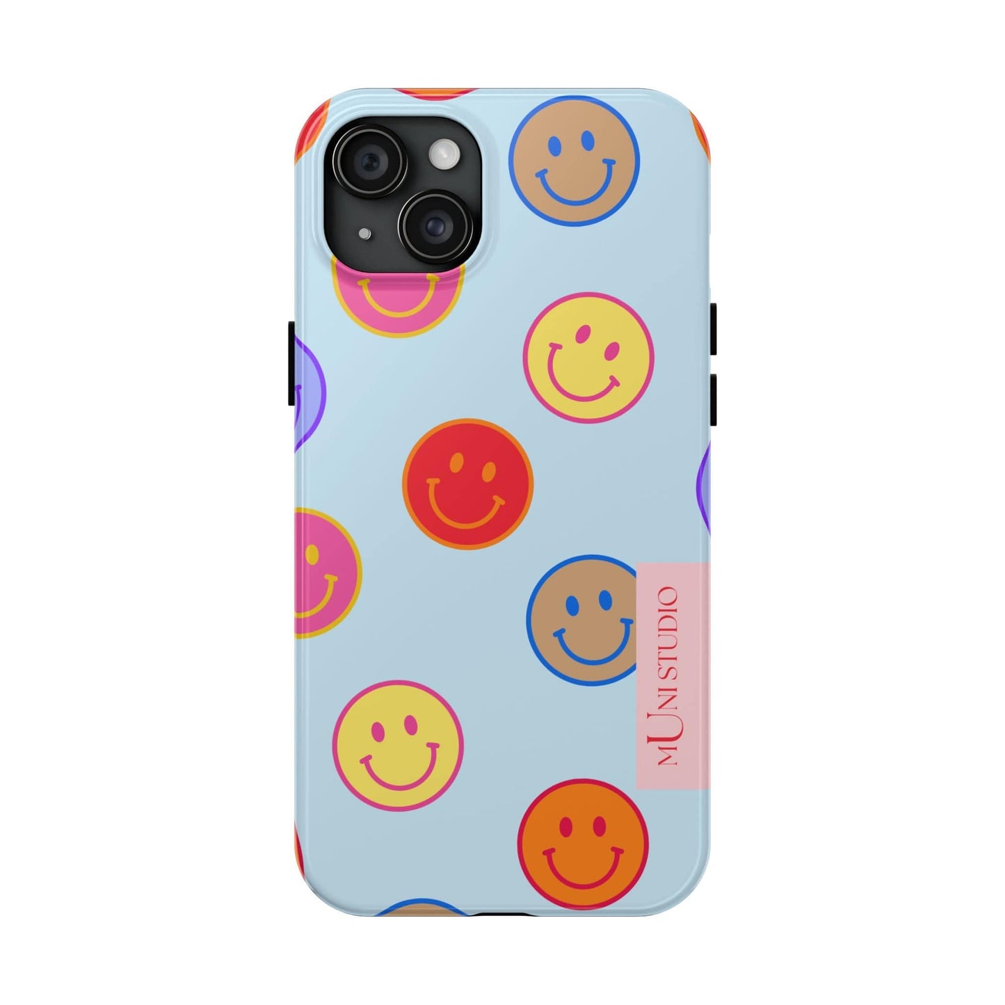 Muni Studio Phone Case iPhone 15 Plus HORIZON BLUE SMILEY, Tough Phone Case