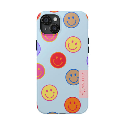 Muni Studio Phone Case iPhone 15 Plus HORIZON BLUE SMILEY, Tough Phone Case