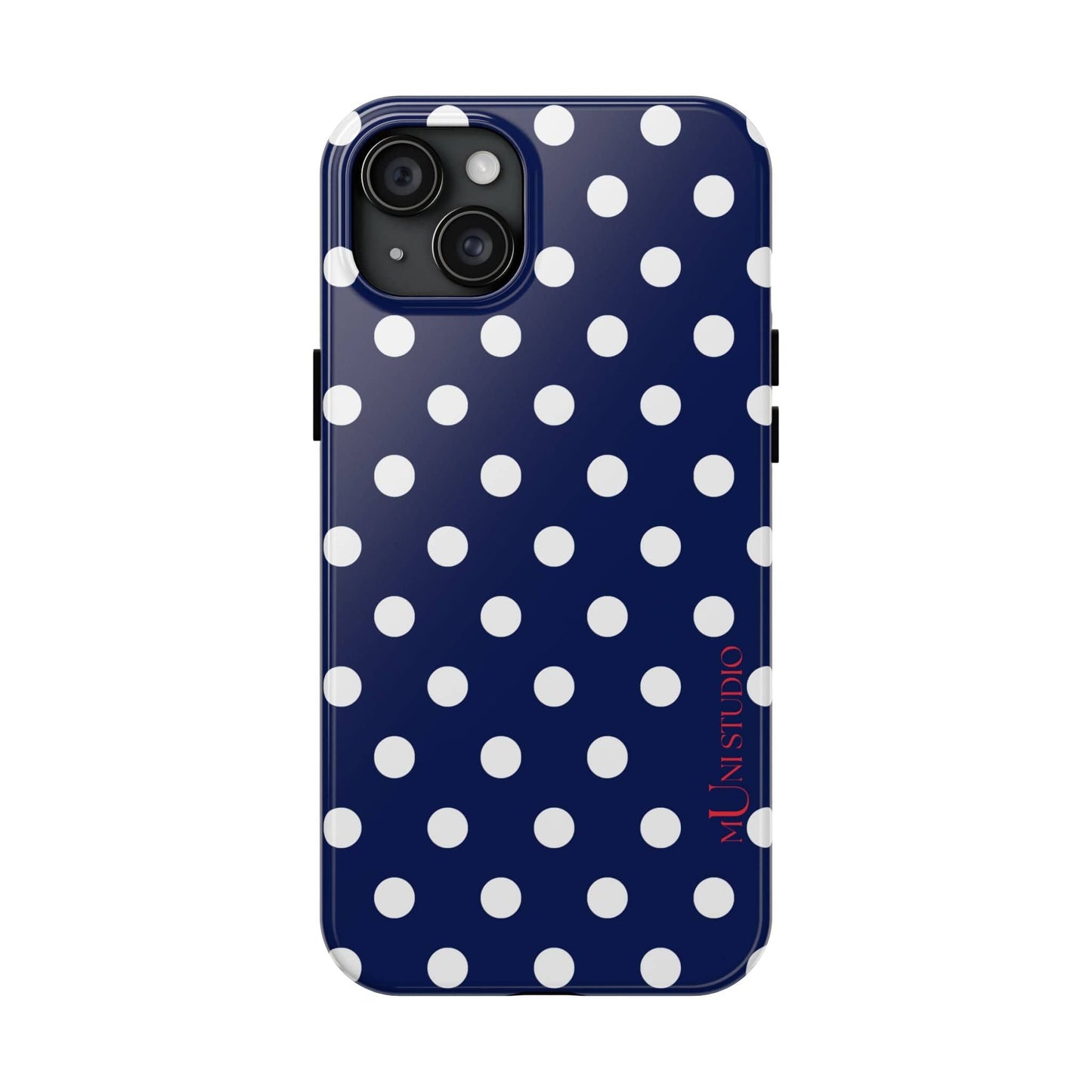 Muni Studio Phone Case iPhone 15 Plus NAVY POLKA, Tough Phone Case
