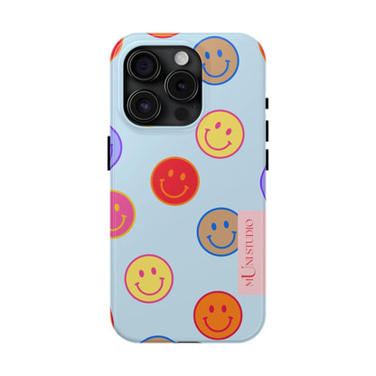 Muni Studio Phone Case iPhone 15 Pro HORIZON BLUE SMILEY, Tough Phone Case