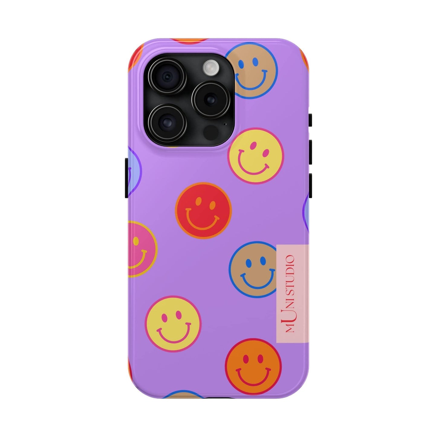 Muni Studio Phone Case iPhone 15 Pro LAVENDER SMILEY, Tough Phone Case