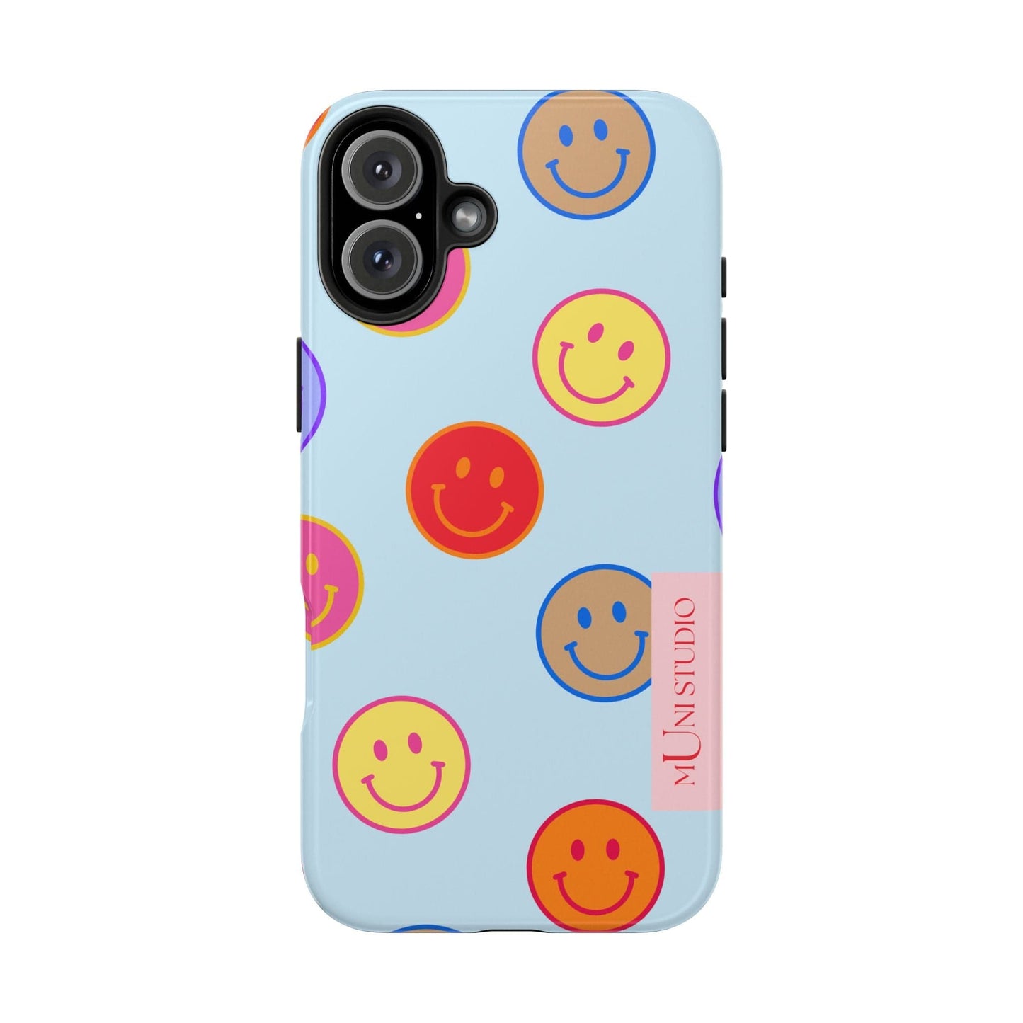 Muni Studio Phone Case iPhone 16 Plus HORIZON BLUE SMILEY, Tough Phone Case