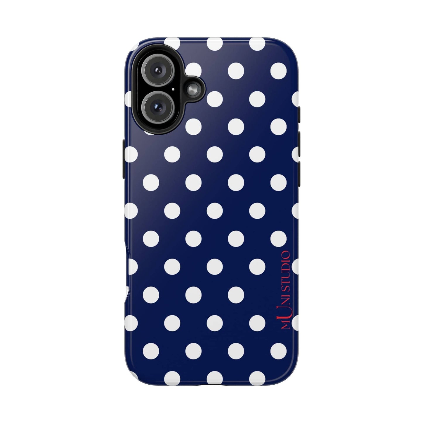 Muni Studio Phone Case iPhone 16 Plus NAVY POLKA, Tough Phone Case
