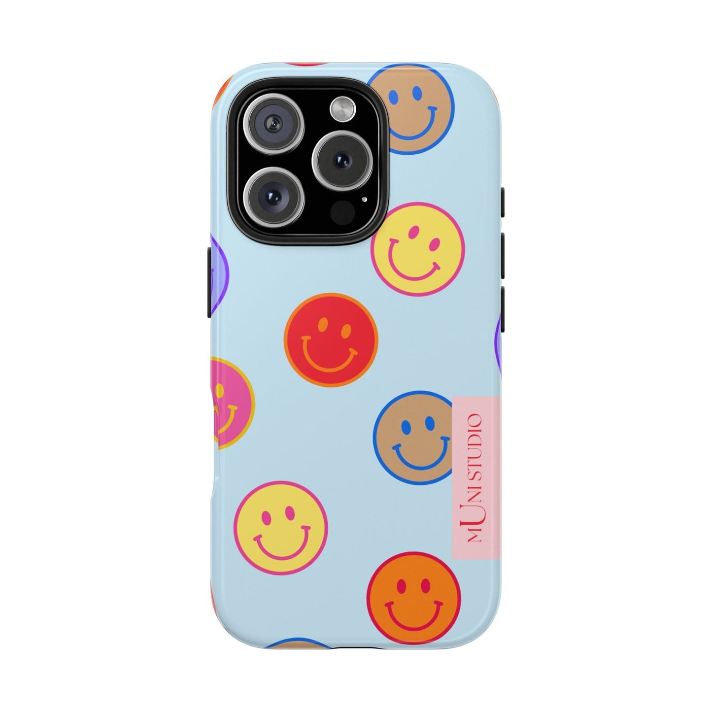 Muni Studio Phone Case iPhone 16 Pro HORIZON BLUE SMILEY, Tough Phone Case