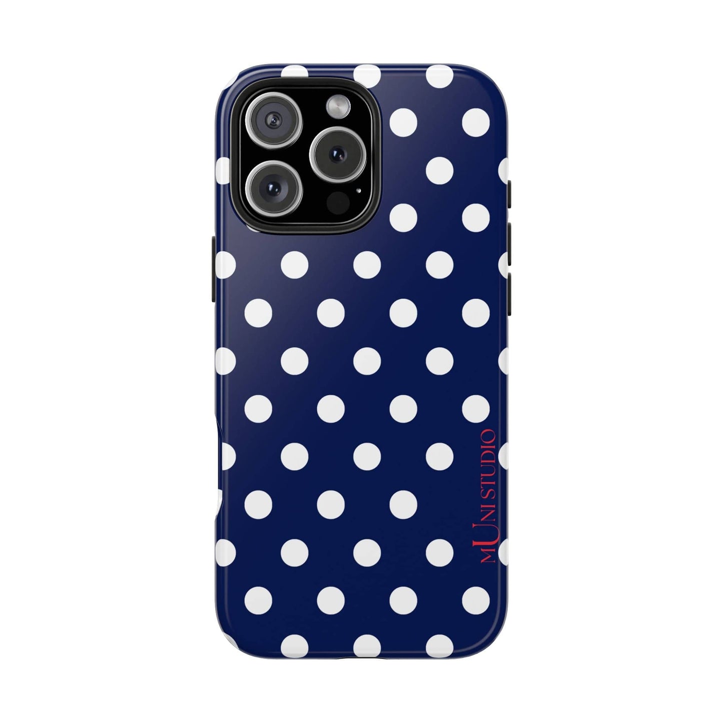 Muni Studio Phone Case iPhone 16 Pro Max NAVY POLKA, Tough Phone Case